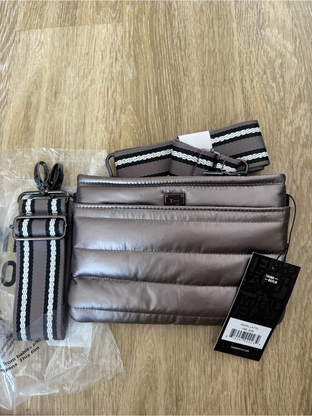 THINK ROYLN Metallic Latte Quilted Crossbody with Striped Strap